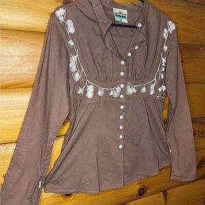 Cake Couture Embroidered Bird Back Button-Down Shirt - Brownish Purple